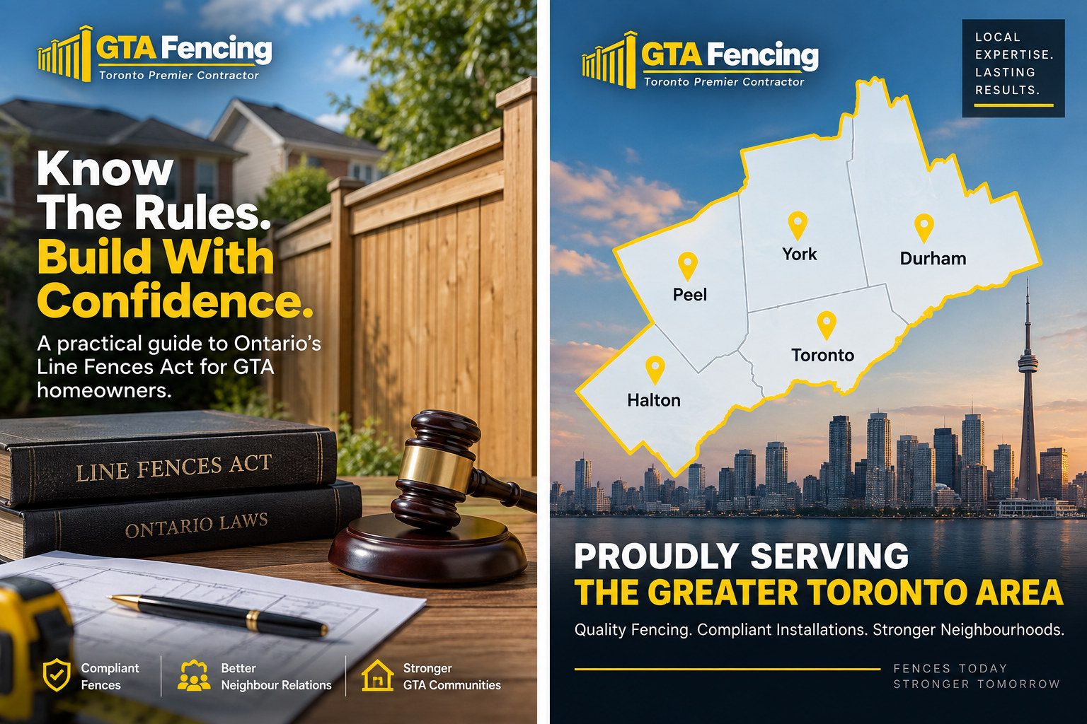 GTA fencing graphic with a wood fence, Line Fences Act book, gavel, and Greater Toronto Area map