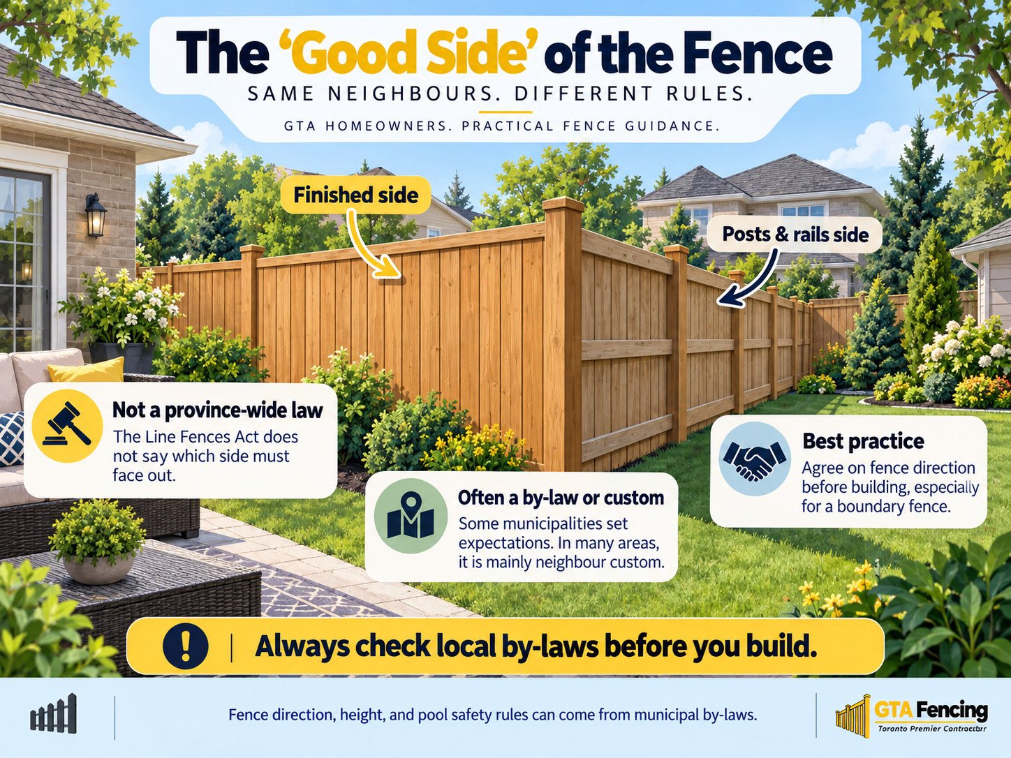 Wood fence diagram labeling its finished side and exposed posts-and-rails side