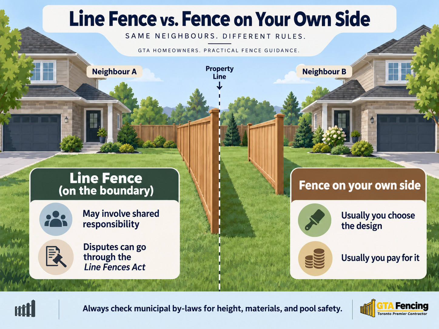 Comparison of a line fence on the shared boundary and a fence built entirely on one owner’s side