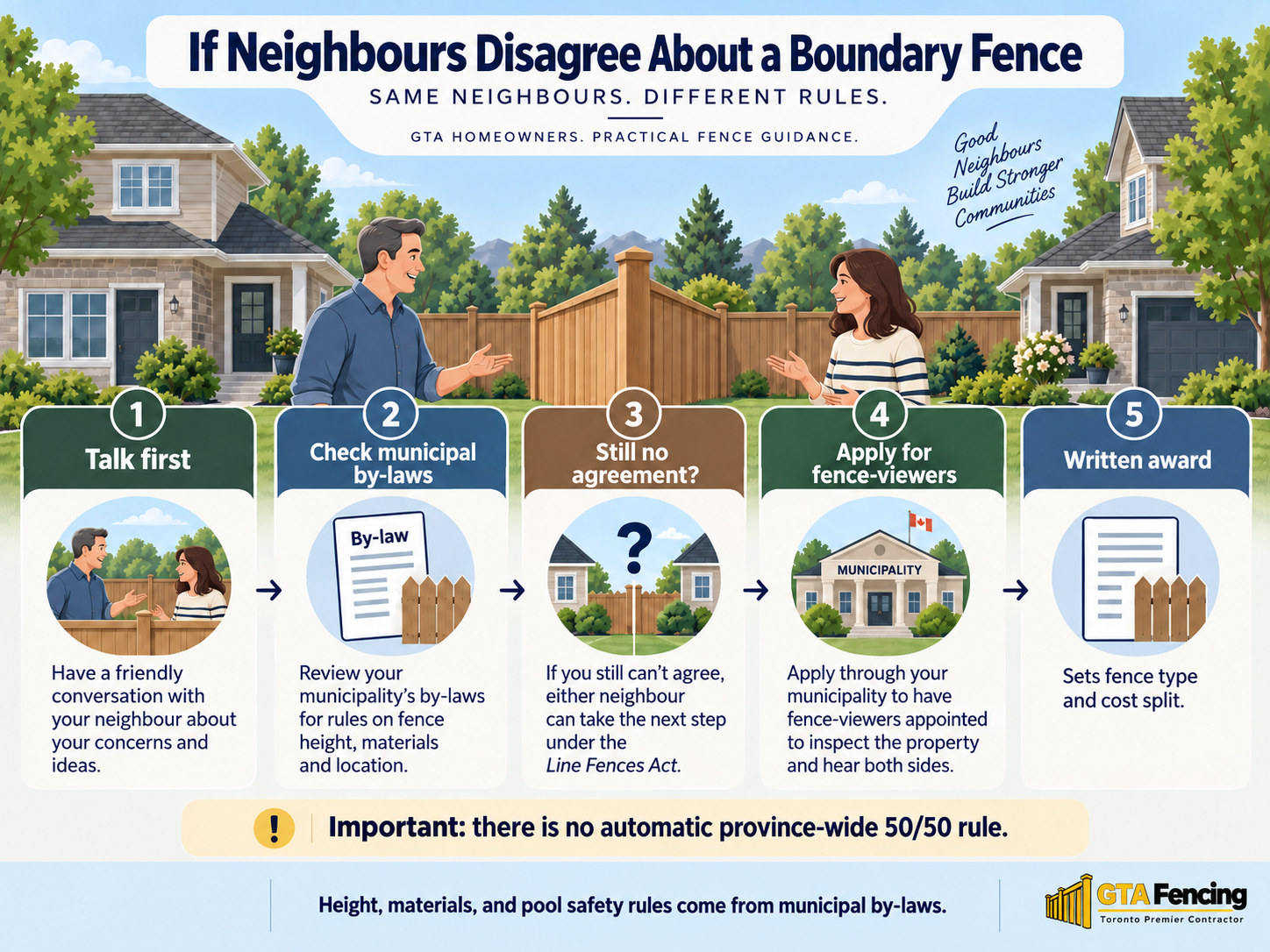 Five illustrated steps for neighbours who disagree about a boundary fence, from talking first to a written fence-viewer award