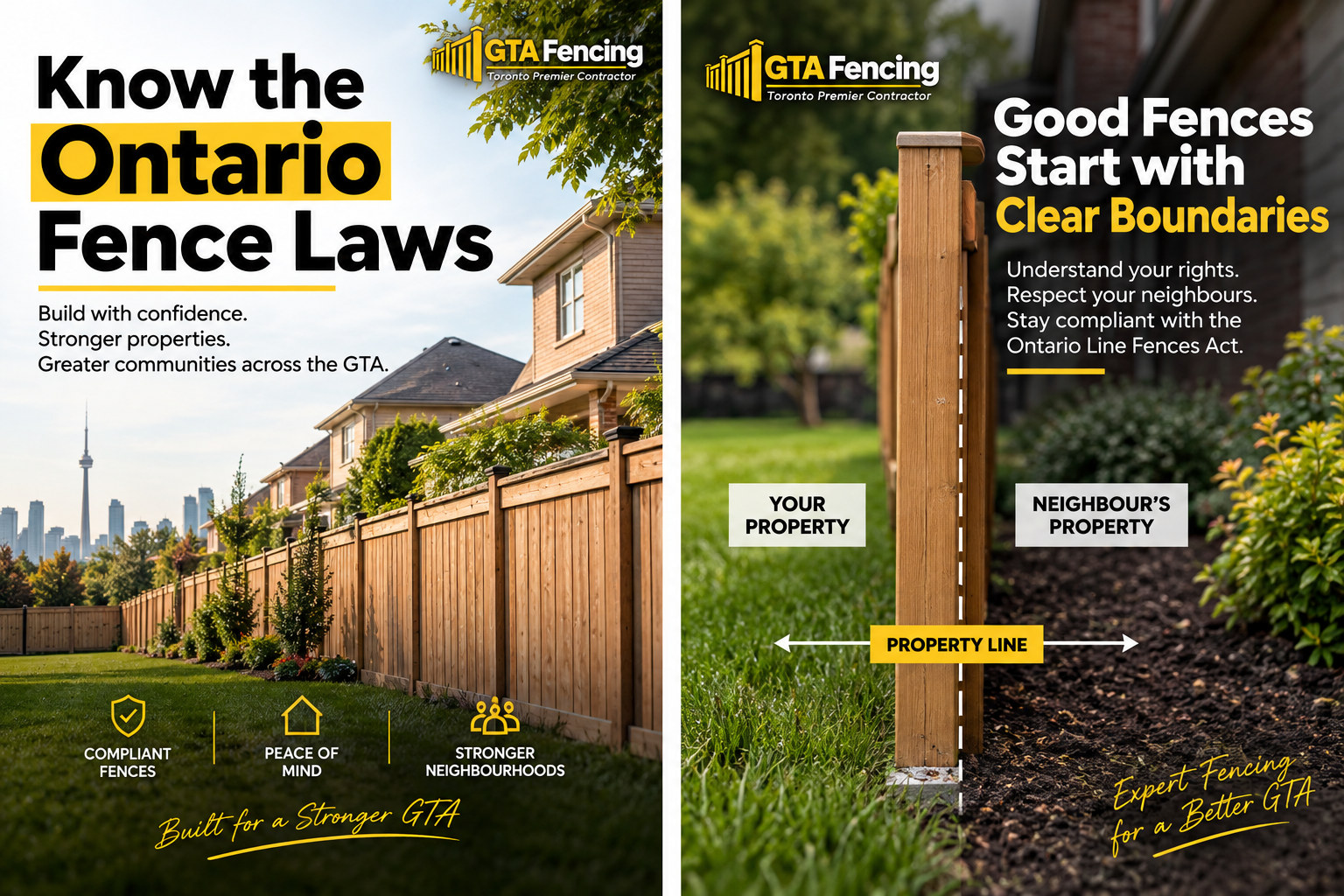 Ontario fence laws graphic showing a GTA wood fence and a shared property line